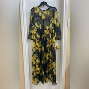 Gyalwana Black / Yellow Lemon Print Long Sleeve  Dress Size 11